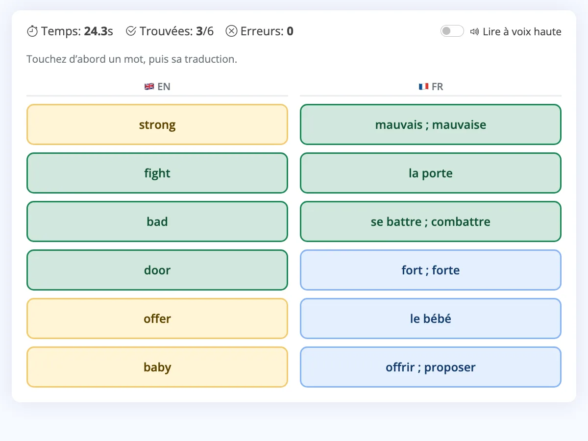 Écran du jeu d'association